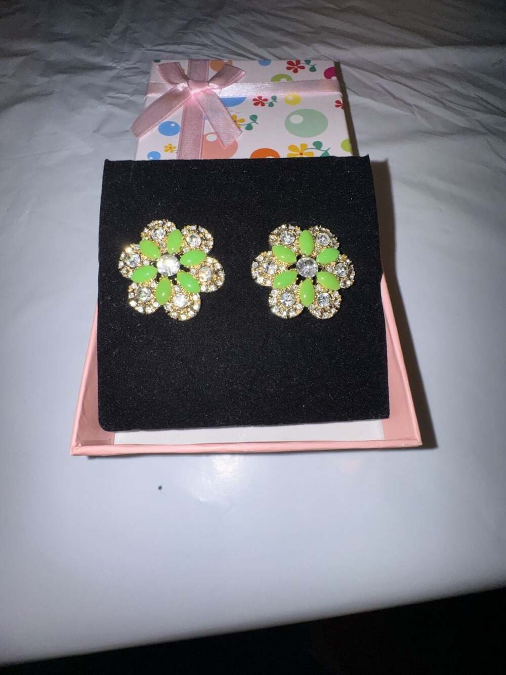 Unbranded Green And Clear Rhinestone Flower Cluster Stud Earrings